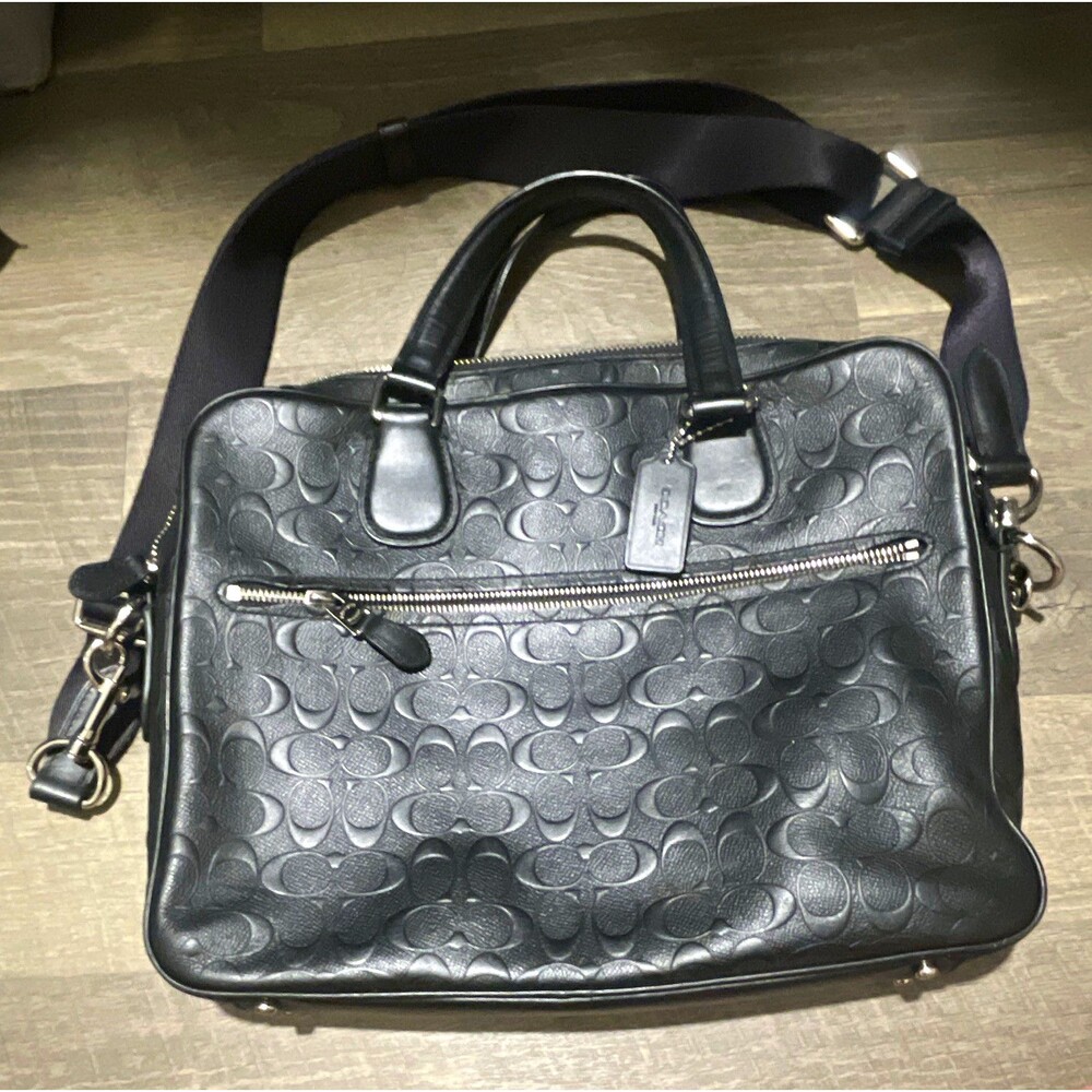 COACH Hudson 5 Men's Briefcase Black Signature Embossed Leather Laptop Bag